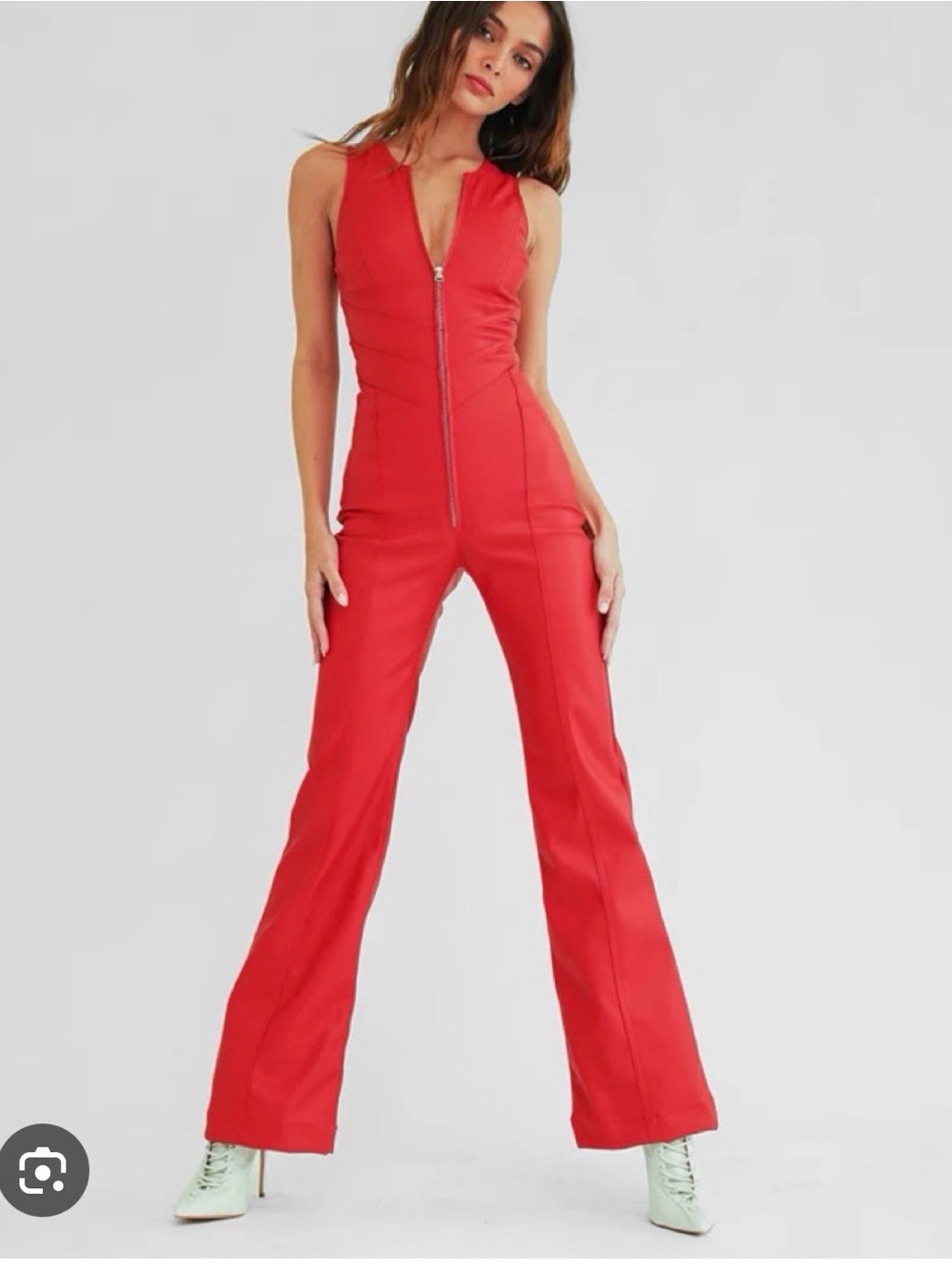 REVICE Red Sleeveless Zip-Front Flare Jumpsuit